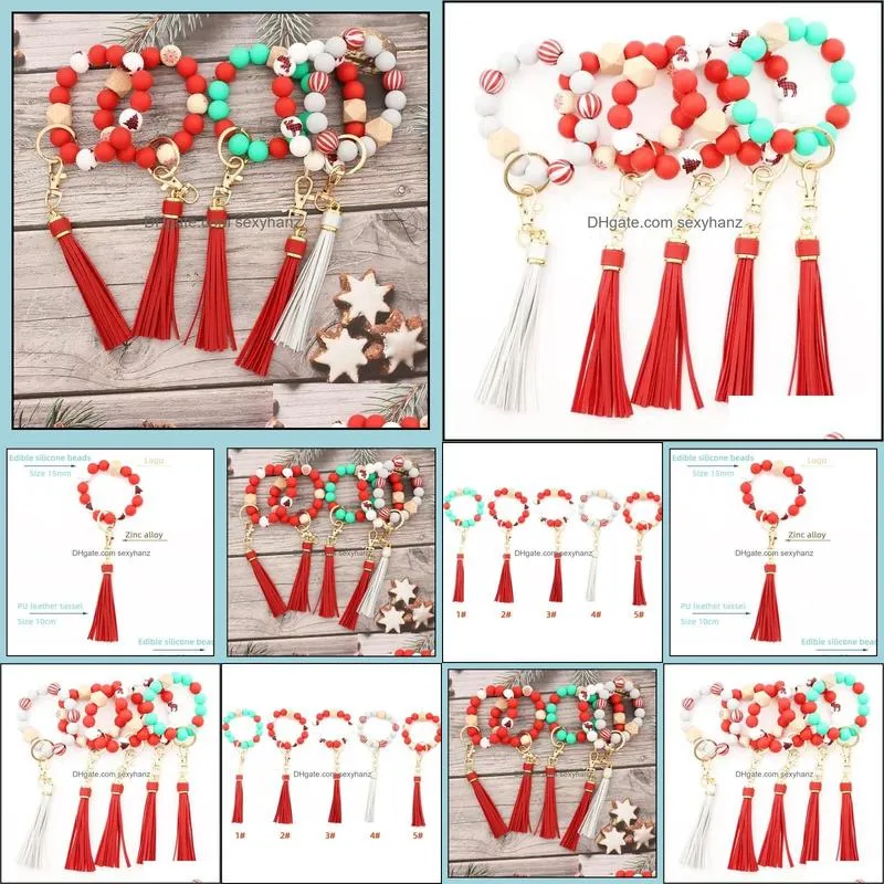 Silicone Bead Bracelets Beech Tassel Key Chain Pendant Wooden Bead Bracelet Women`s Jewelry Party Favor GWA10356