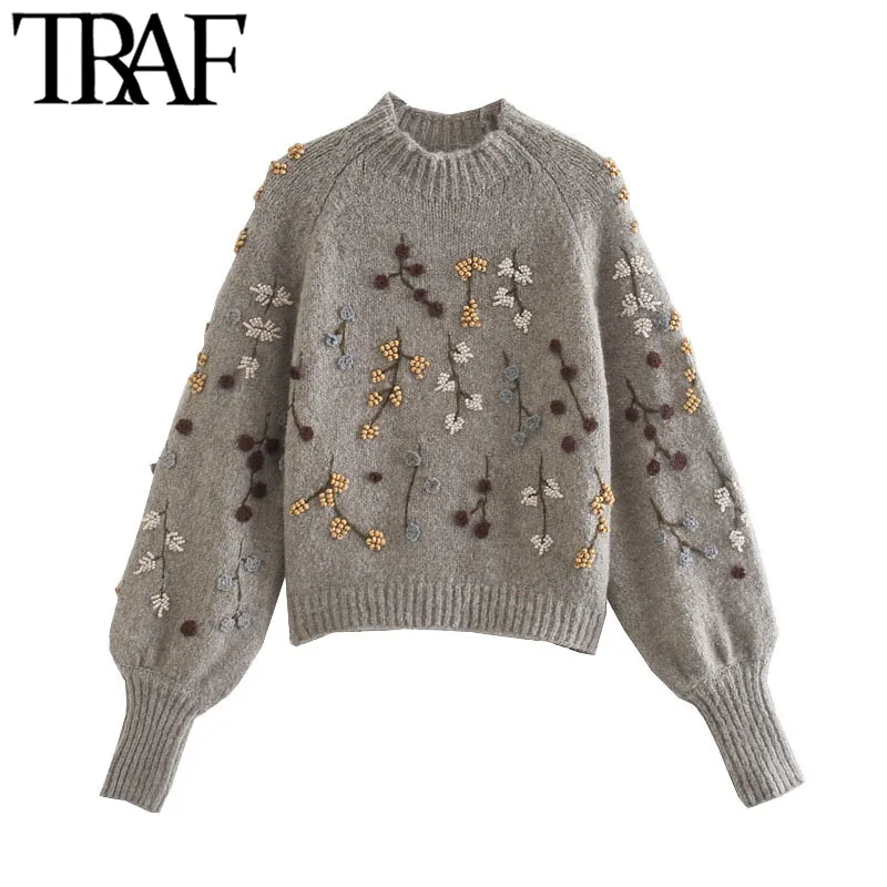 TRAF Women Fashion With Beading Embroidery Cropped Knitted Sweater Vintage Lantern Sleeve Female Pullover Chic Tops 210415