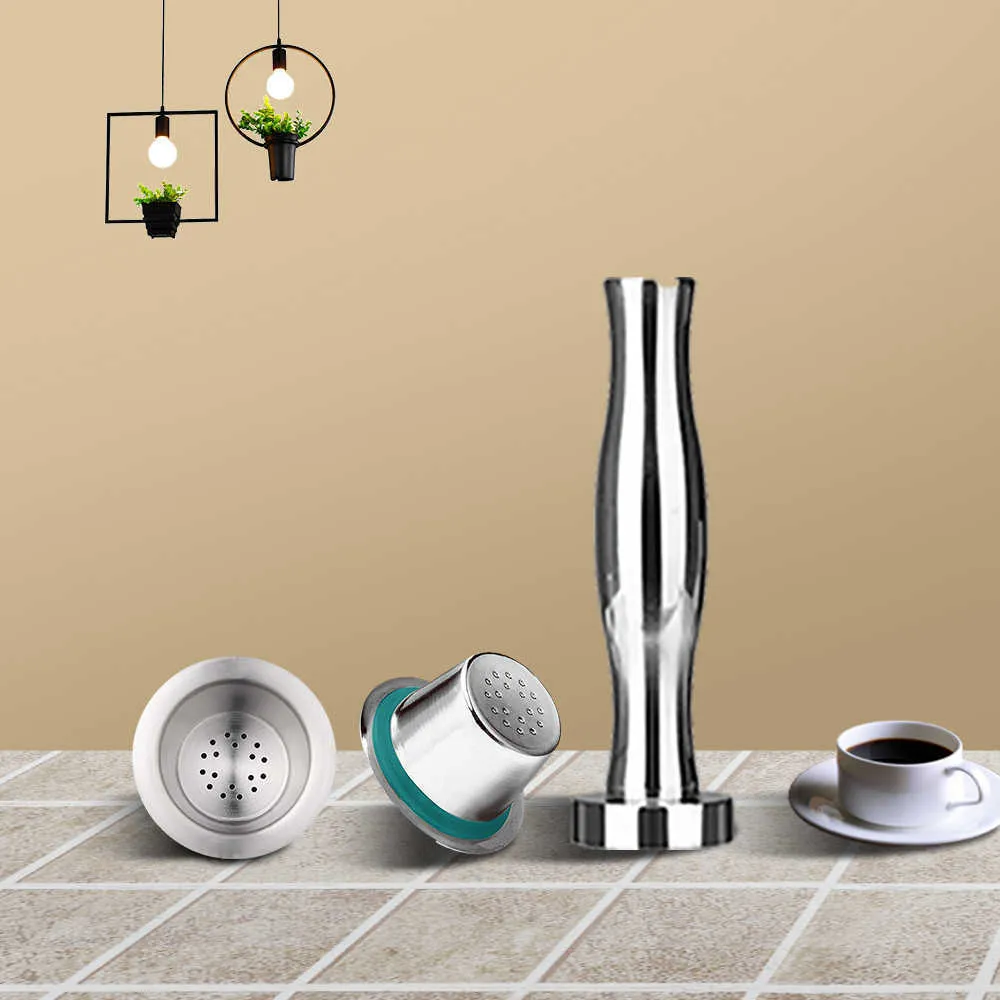 Rostfritt stål Refillerbar Nespresso Pod Tamper Set återanvändbar maskin Kaffekapsel Espresso Maker Cup Filters 210607
