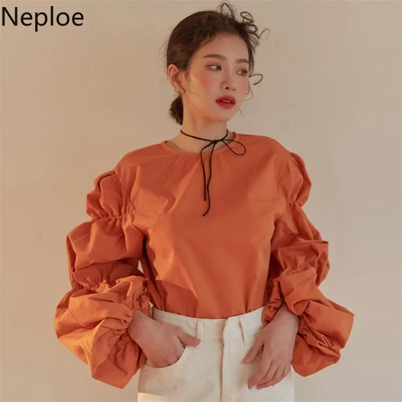 Koreański Chic O Neck Plised Puff Długim Rękawem Bluzka Pomarańczowy Kolor Dolny Wiosna Jesień Blusas Design Slim Koszula 210422