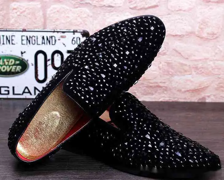 New Dandelion Spikes Flat Leather Shoes Rhinestone Fashion Mens Loafers Dress Shoes Slip On Casual Diamond Pointed Toe Shoes,size38-43