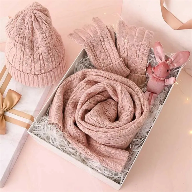 Warm Winter Knitted Hat Scarf And Gloves Set For Women Wool Twist