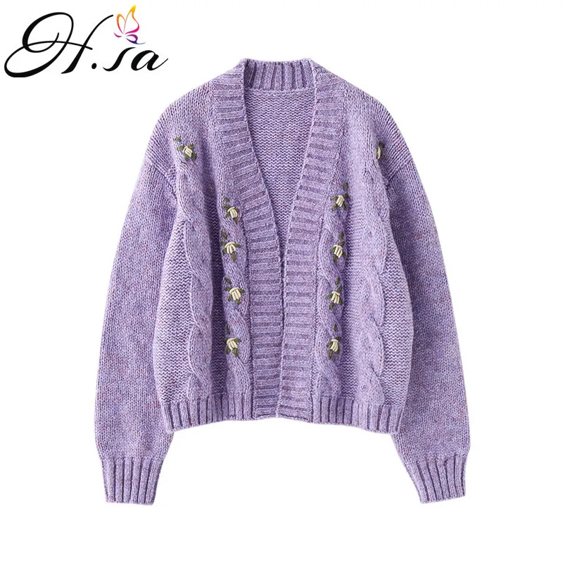 H.SA femmes décontracté et Cardigans point ouvert broderie florale Streetwear Chic hauts violet doux pull en tricot Poncho 210417