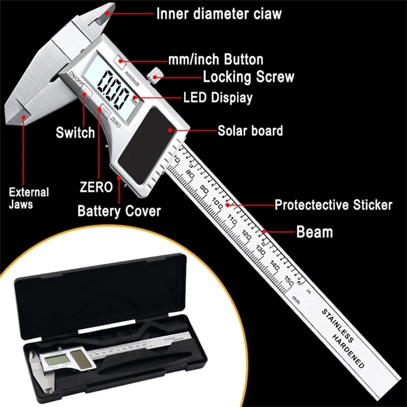 0-150mm Rostfritt stål 6 tum Pachymeter Solar Power Digital Vernier Calipers Energi Pachometermätare Mätverktyg 210922