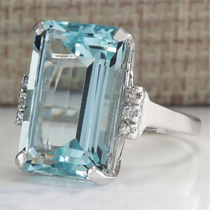 結婚指輪の高級魅力Large Square Blue Stone婚約リング魅力的なゴールド/ 9 2 5色の立方体ジルコニアジュエリー
