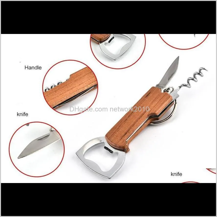 openers wooden handle bottle opener keychain knife pulltap double hinged corkscrew stainless steel key ring openers bar