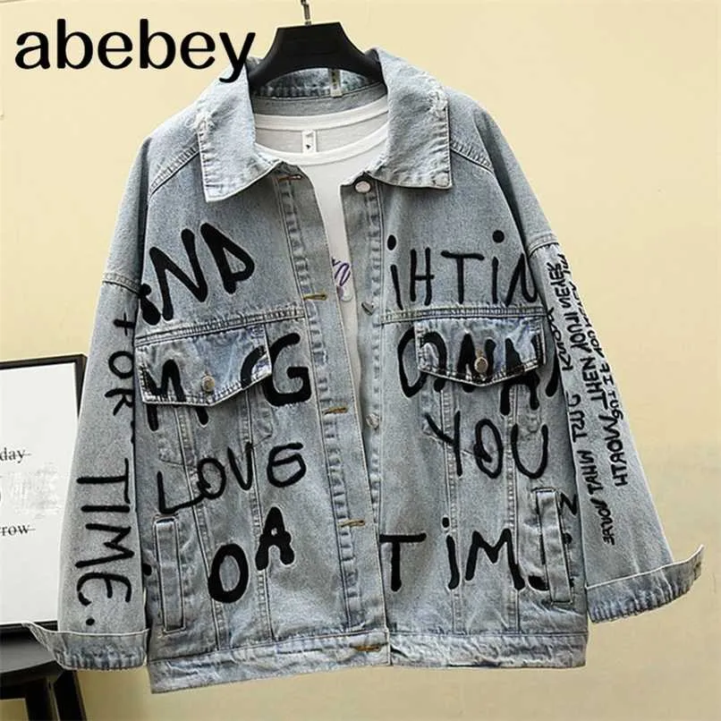 Loose List Haft Kobiety Denim Jacket Harajuku Duży rozmiar Dżinsowy Płaszcz Oversize Turn Down Collar Dżinsy Kurtka 697 211105