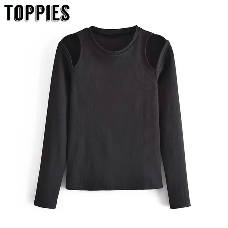 Women Black Off Shoulder Slim Tops Sexy Long Sleeve Shirt Hollow Out T 210421