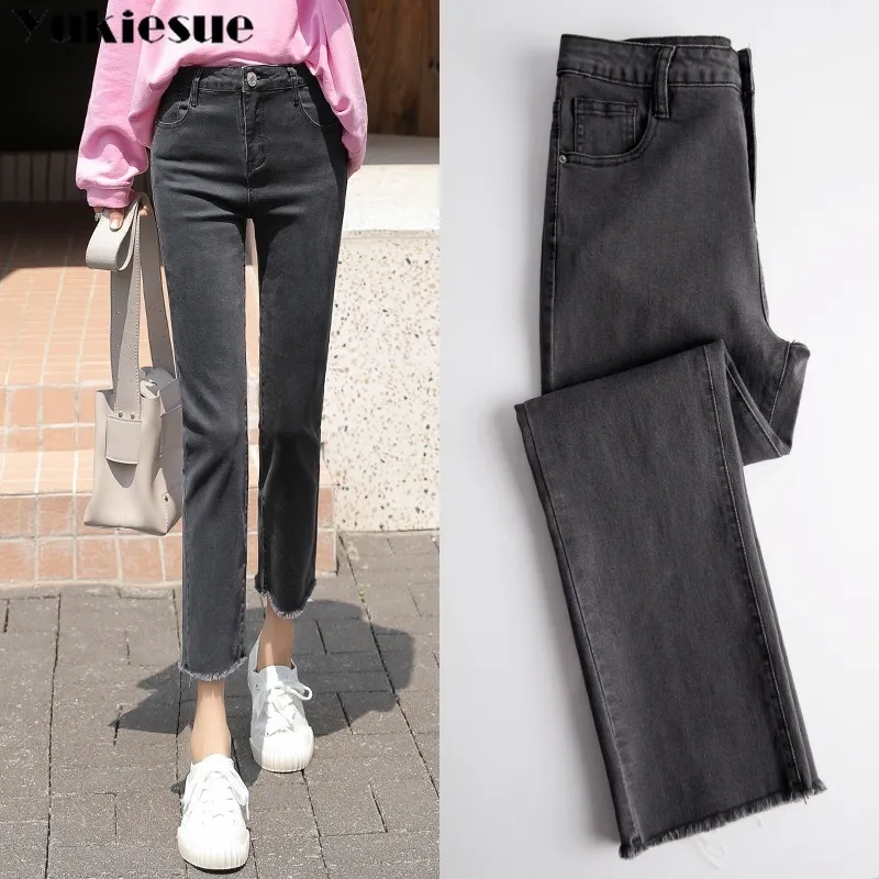 Vintage rippade jeans kvinnor grå hög midja denim byxor mujer mamma pojkvän rak jeans kvinna höst våren denim jeans 210519