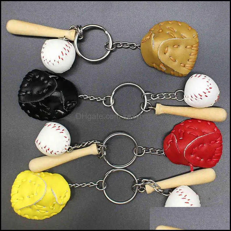 Keychains Creative Baseball Ring Sports Bag Pendant Baseball Glove Three Piece Wooden Bat Set