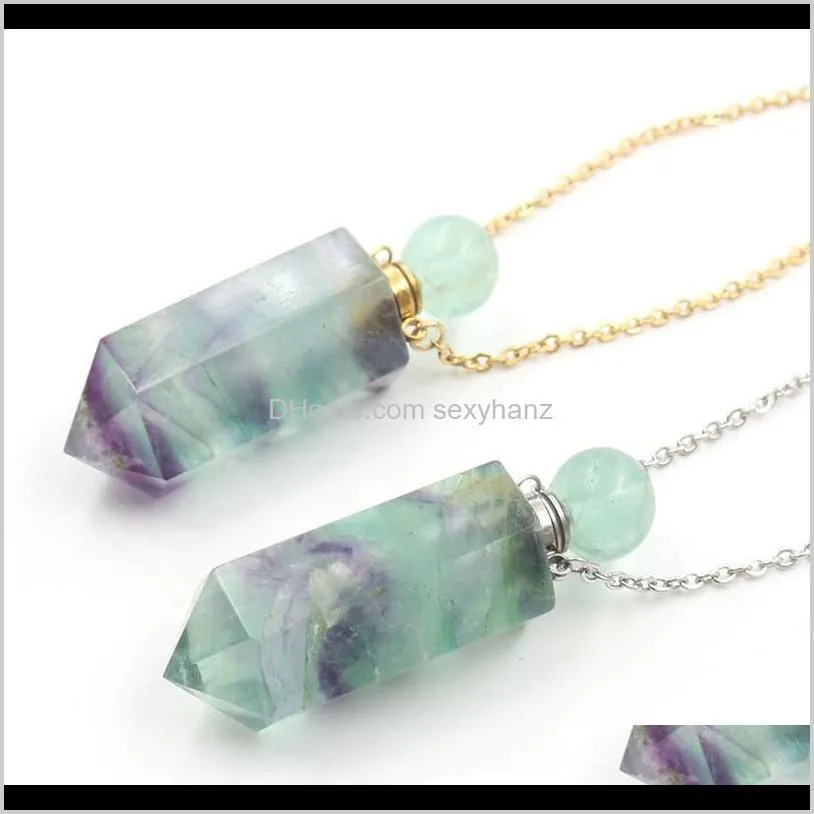 women necklace perfume bottle pendant natural rainbow fluorite stone hexagon point bead  oil diffuser chains n qylqkc