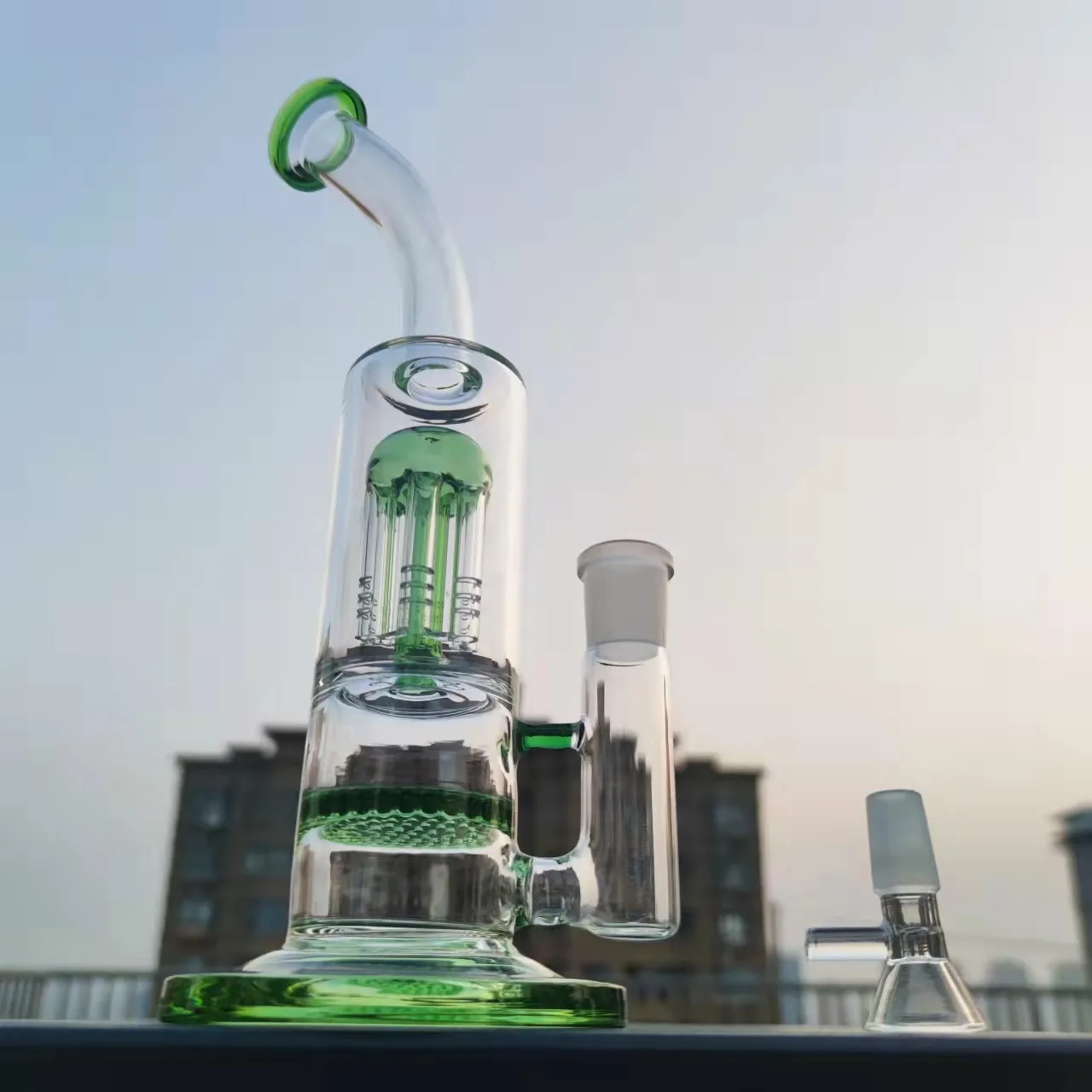 11 Inch Green Twin Layers Mushroom Comb Filter Glass Bong Hookahs Water Pipe Glass Bubbler 18 MM Bowl US Warehouse