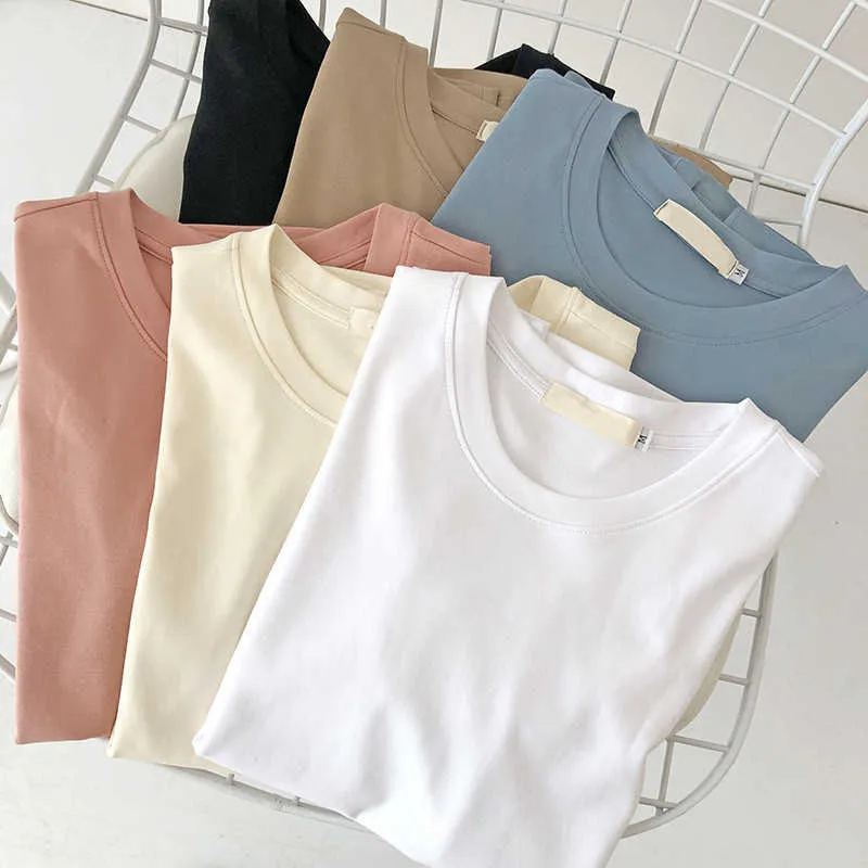 Soft Cotton Woman T-shirt Casual Short Sleeve O Neck Tops Women 2020 Summer Solid Color Basic Tees 6 Colors Y0629