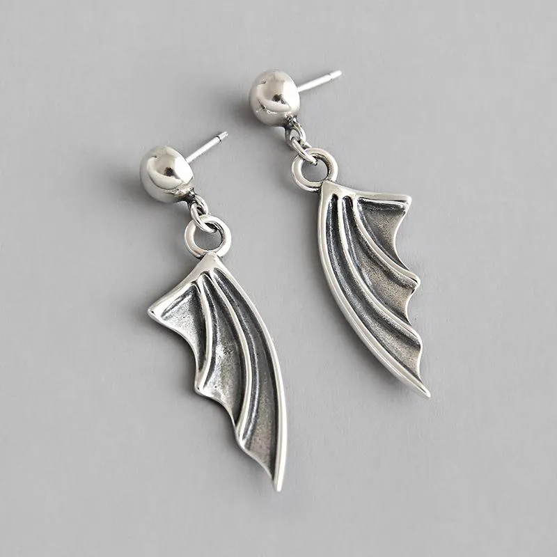 Antique Wing Drop Earrings Real 925 Sterling Silver Woman Vintage Earing Punk Devil Korean Earring Fashion Jewelry Dangle & Chandelier