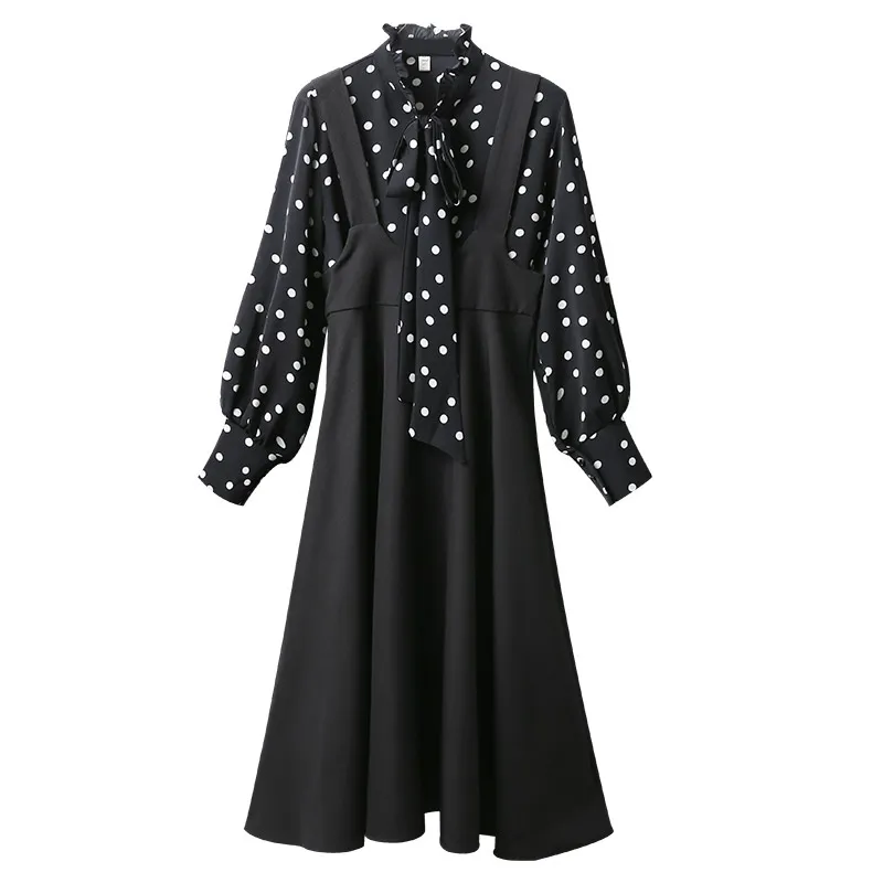 Women Set Tow Pieces Black Sleeveless Button Strap Skirt Bow Collar Long Sleeve Polka Dot Top T0444 210514