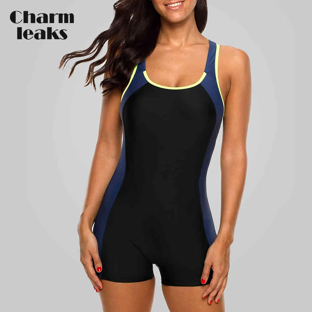 Charmleachs Mulheres Mulheres Sports Swimwear Esporte Swimsuit Colorblock Anthletic Open Back Beach Wear Fitness Banhando Ternos 210407