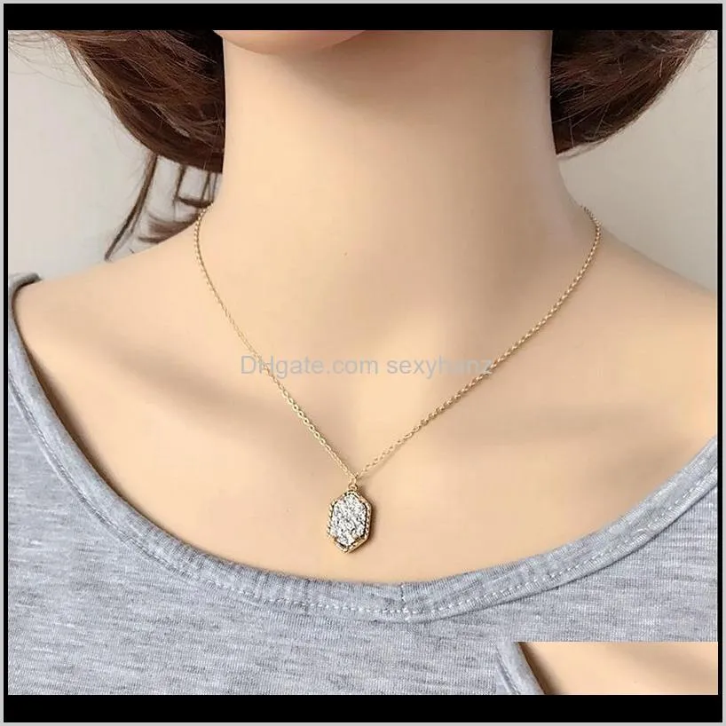 Natural Stone Pendants for Women Gold Plated Hexagon Natural Stone Necklace Druzy Stone Necklaces 10 Colors