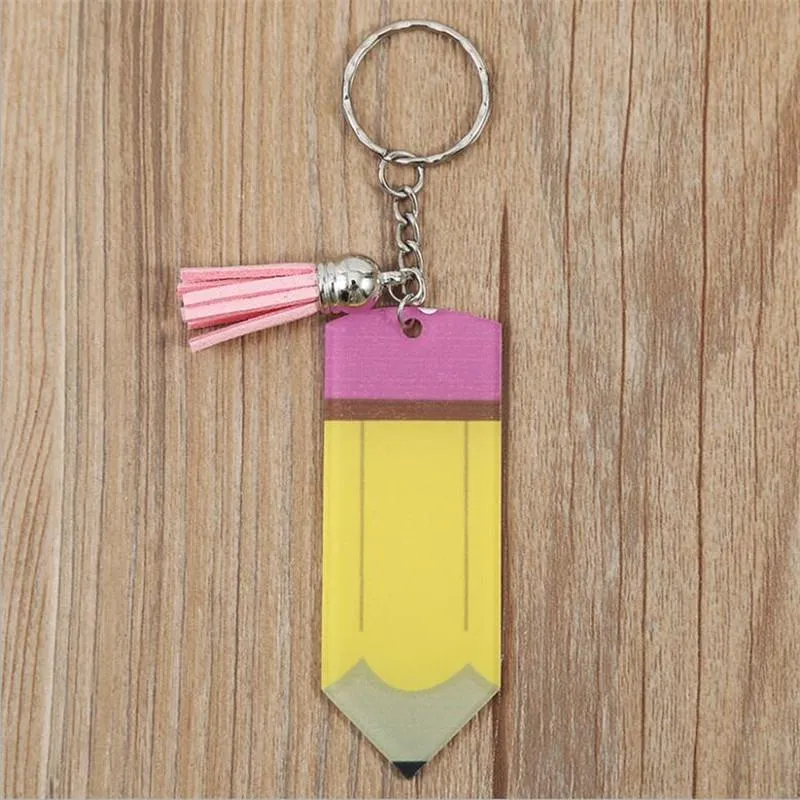 Pencil Christmas Keychain Favor Acrylic Tassel Key Ring Santa Claus Festival Gift Home Hanging Pendent