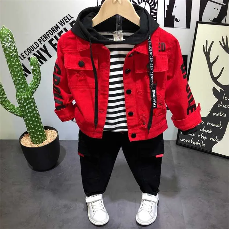 Spring Autumn Children Boys Clothing Sets 3pcs Jacket Coat+ Shirt+pants Toddler Baby Kids Hooded Clothes Suits 2 3 8 Years Old 211011