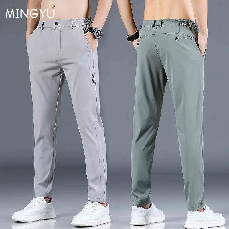 Mingyu zomer heren casual broek mannen broeken mannelijke broek slank fit werk elastische taille groen grijs licht dunne koele broeken 28-38 y220308