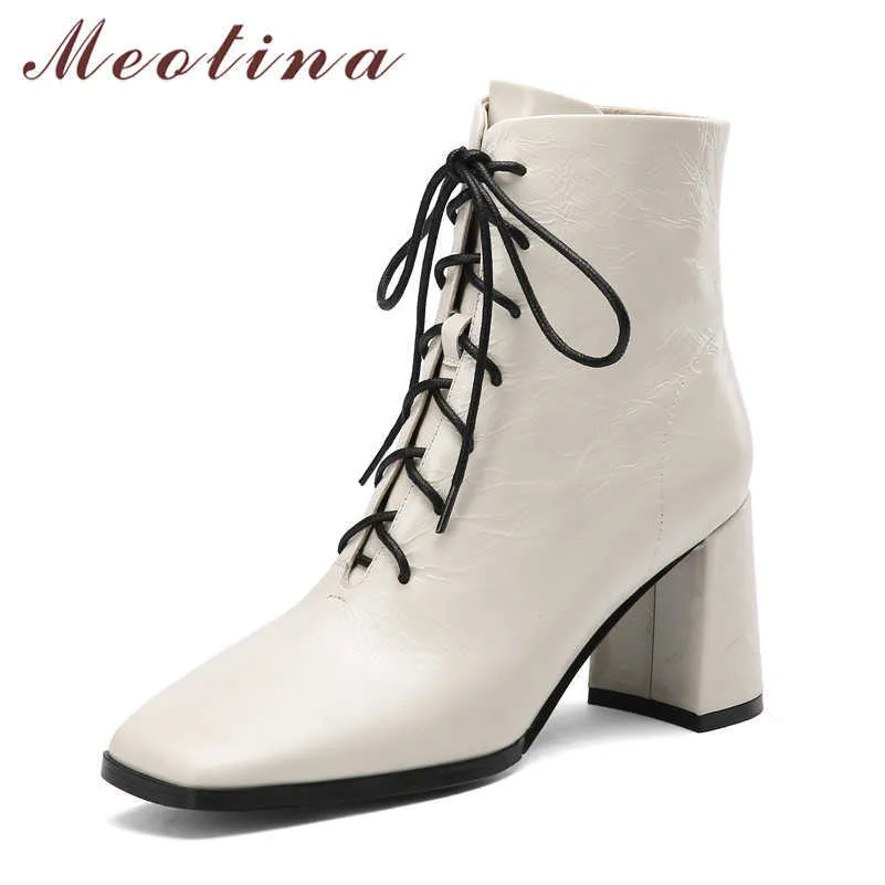 Meotina Genuine Leather High Heel Ankle Botas Mulheres Sapatos Quadrado Toe Cruz Cruz Amarrado Cerveja Botinhas Botas Curtas Botas de Outono Inverno 33-40 210608