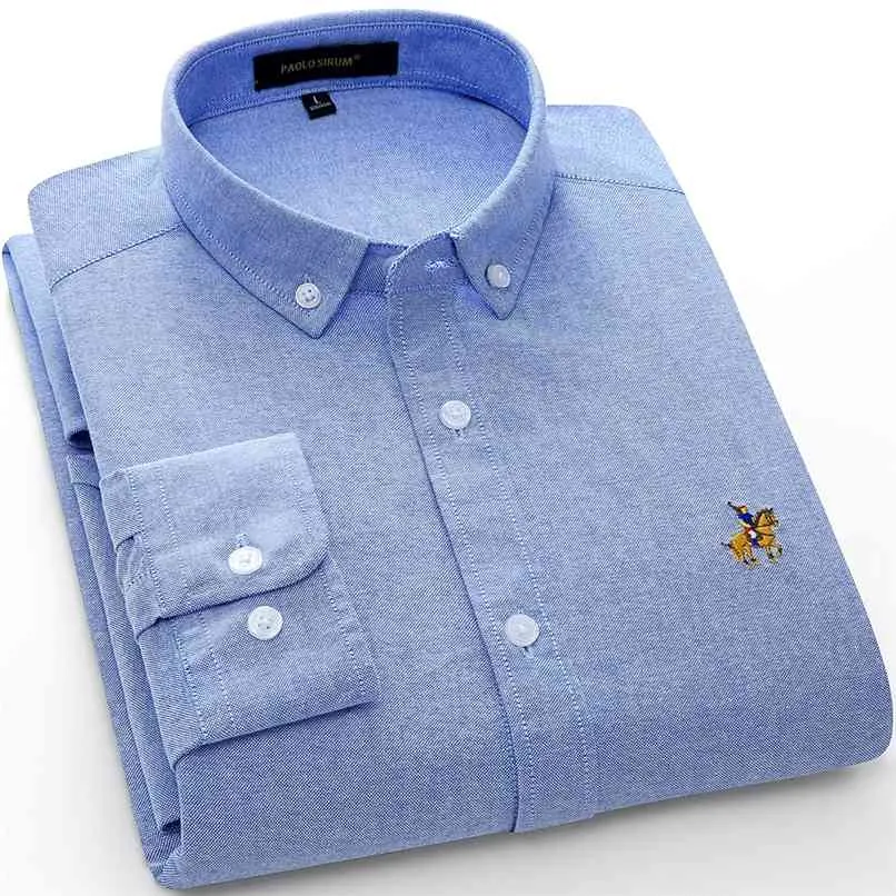 Lente 100% katoen oxford mannen shirt witte lange mouwen borduurwerk reguliere fit zachte dikke comfortabele mannelijke 210809