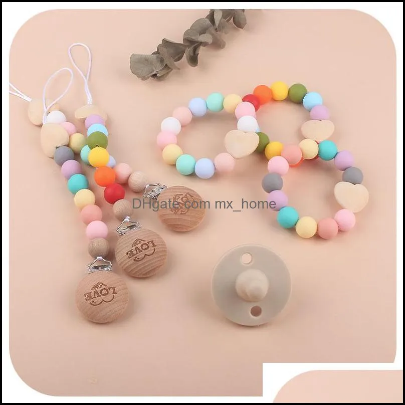 Baby Pacifier Holders Chain Clips Weaning Teething Natural Wooden Silicone Beads Pacifiers Newborn Teeth Practice Toys Infant Feeding Teether 2Pcs/Sets
