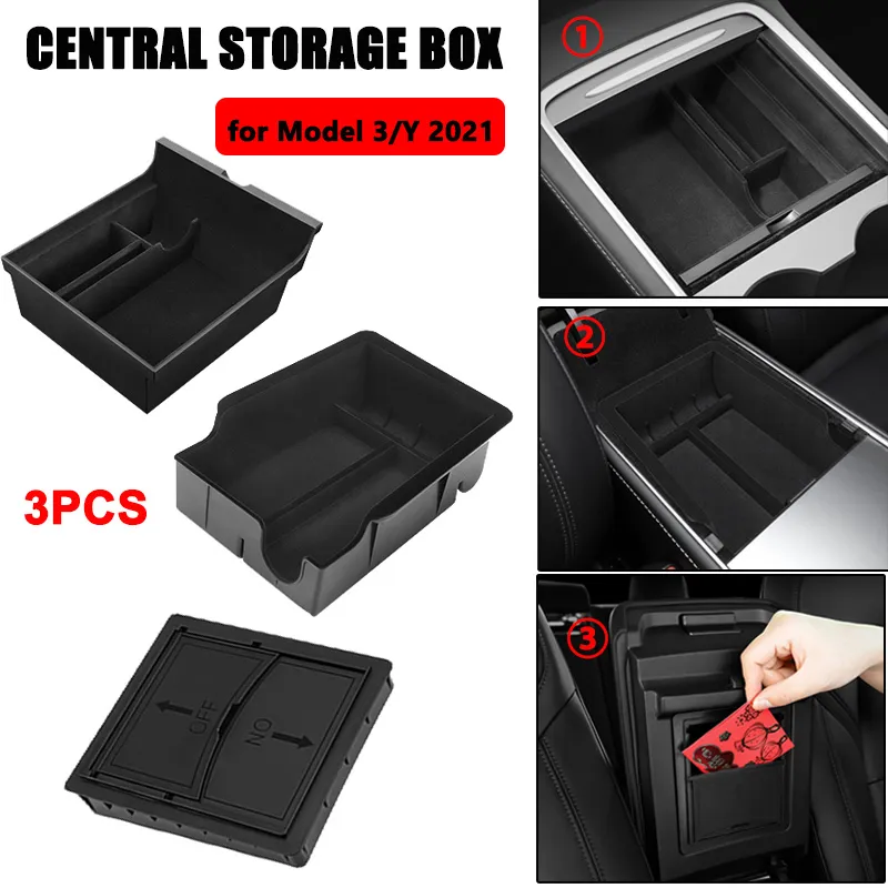 For Tesla Model 3/Y 2021 Car Central Storage Box Armrest Organizer Container Flocking Console Tray Holder Interior Accessories