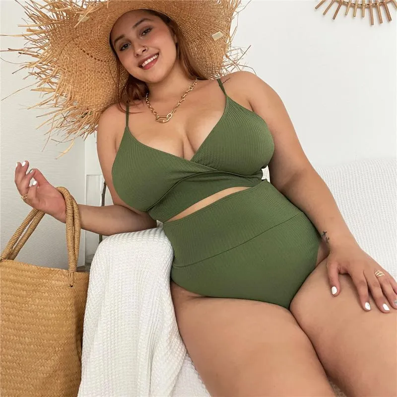 High Waist Strappy Plus Size Swimsuit Sets For Women Solid Color