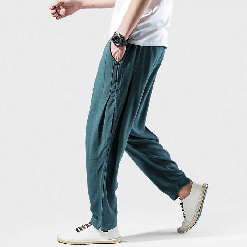 2021 Casual Pants Men's Chinese Style Linen Harem Sports Pants Beam Feet Cotton and Linen Solid Color Trousers Loose Bloomers X0723