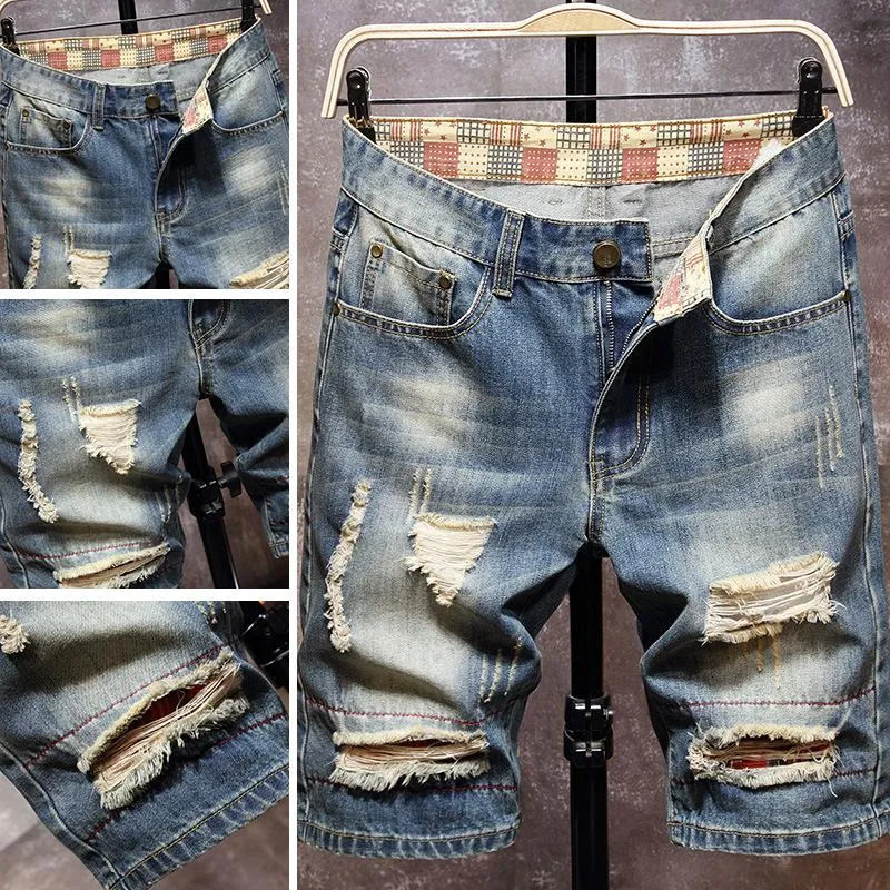 Re-season Thin Denim Shorts Men's Hole Retro Jeans Trendy Fashion Pants Straight Five-point Denims Top Quality Trousers Summer Man