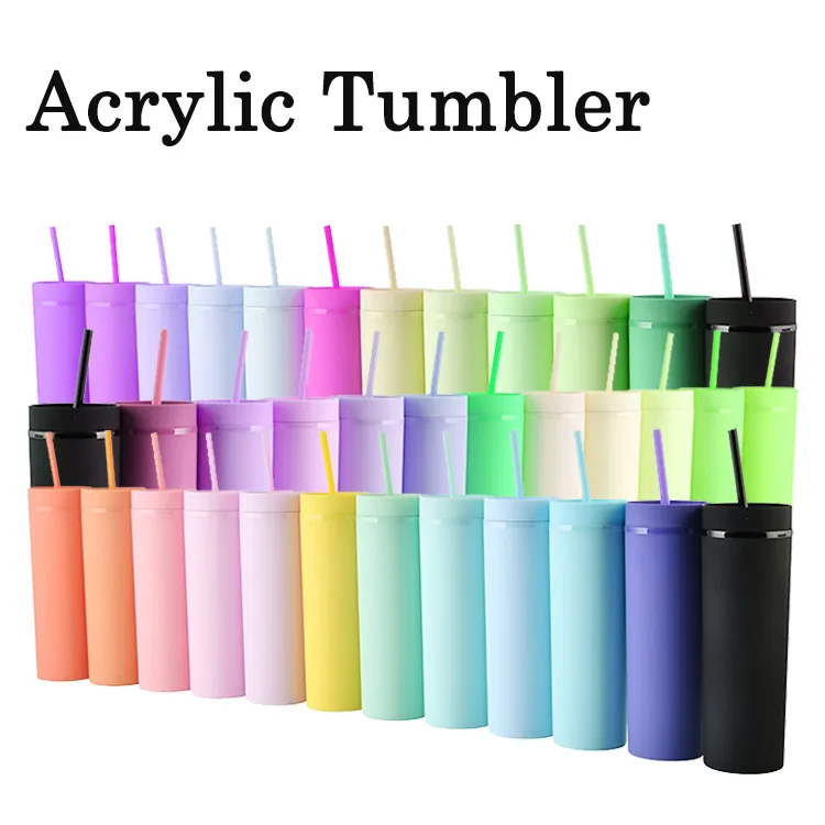 16oz Slim Tumbler Matte Acrylic Skinny Tumblers Pastel Colored Double Wall Plastic Reusable Cup DIY Gifts