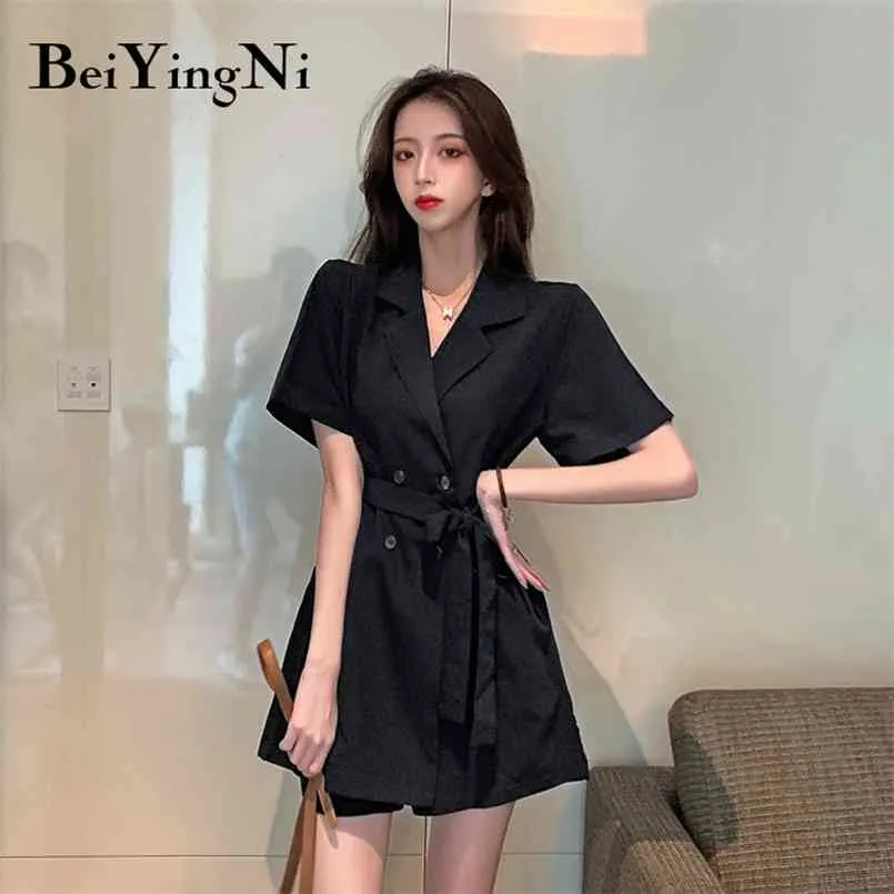 Elegant Jumpsuit Women High Street Overaller Black Buttons Shorts Office Ladies Vintage Casual Work Wear Suits OL 210506