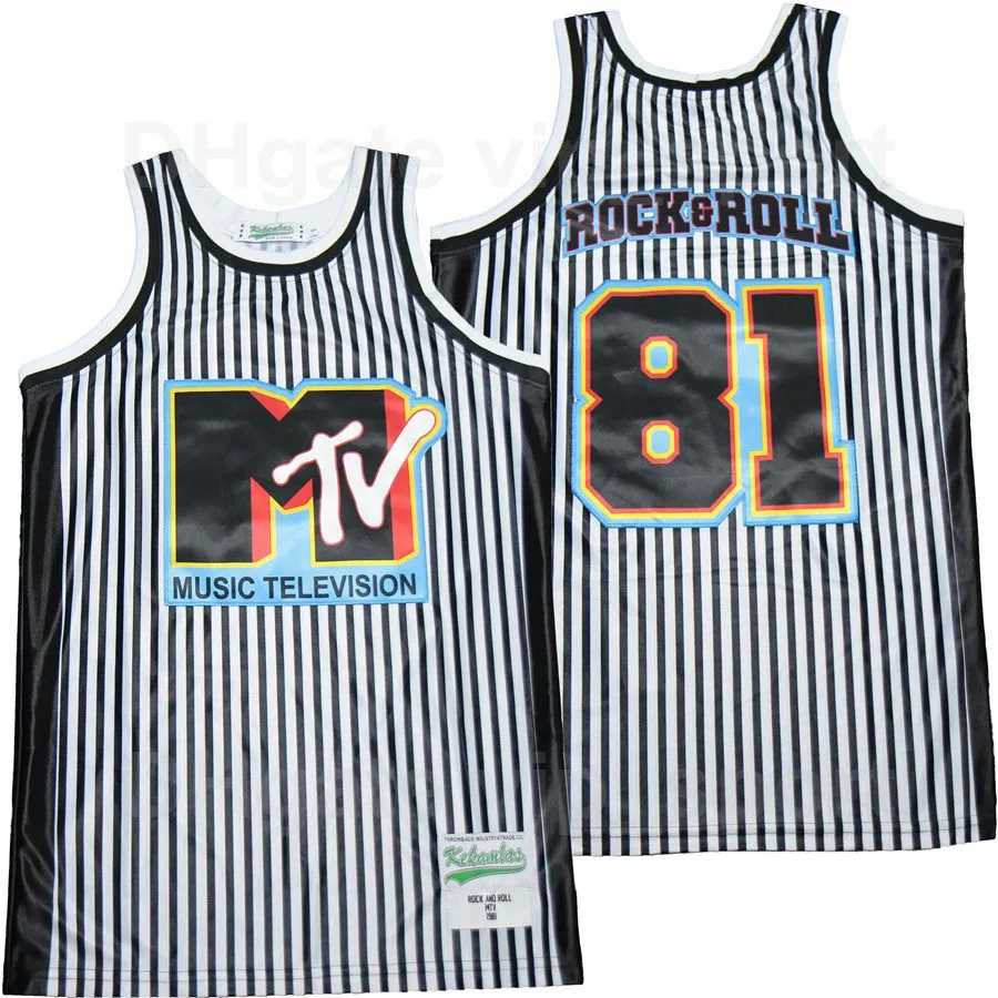 Erkekler Basketbol 81 Rock Roll Music Teion MTV Jersey Stripe Beyaz Renk Takımı Nakış ve Dikiş Saf Pamuk Nefes Alabilir Spor Üniforma En Kalite