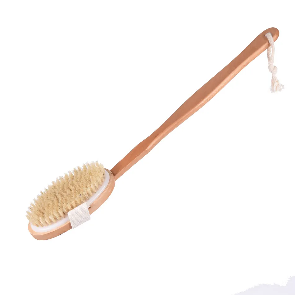 Escova de banho esfoliante com cerdas de javali, alça longa removível de madeira para corpo seco