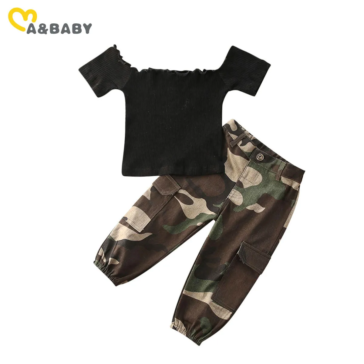 1-6Y Kleinkind Kind Kind Baby Mädchen Kleidung Sets Off Schulter Schwarz T Shirts Tops + Camouflage Hosen Outfits kostüme 210515