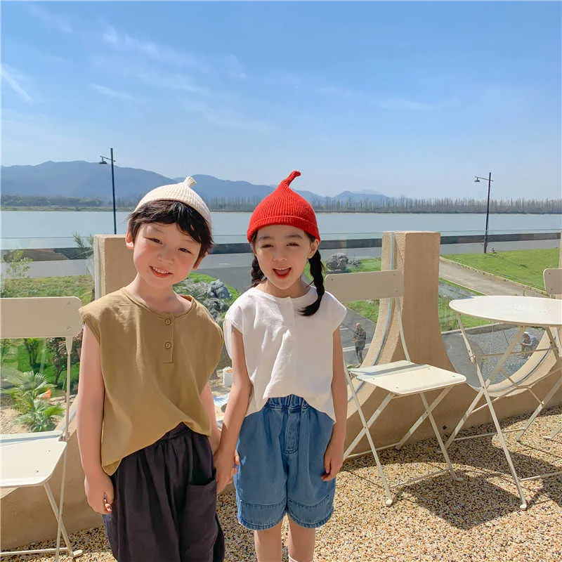 Summer unisex solid color cotton linen vest Boys and girls loose casual all-match sleeve Tops 210615