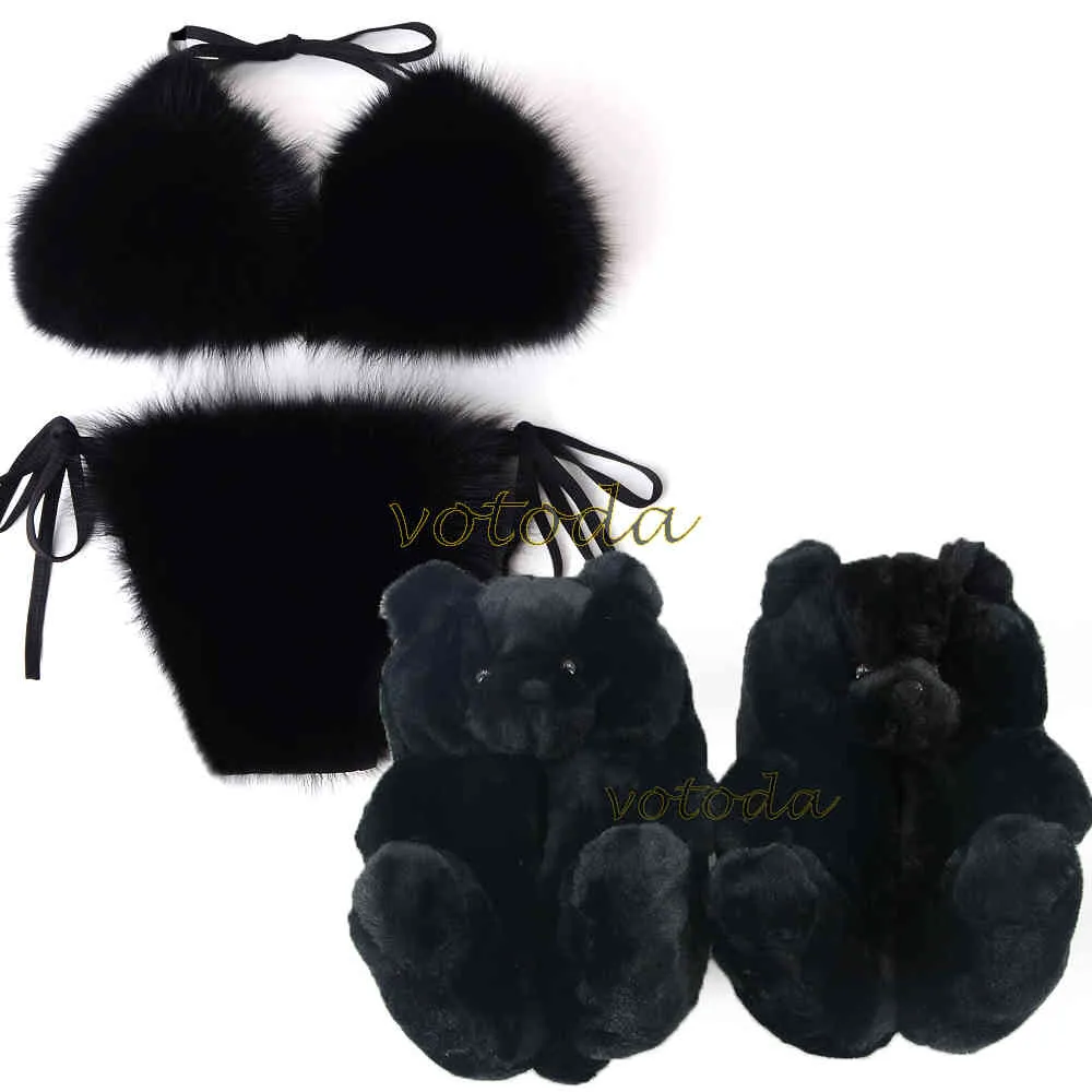 Womens Teddy Bear Fur Bikini Set Warm, Cute Plush Slides With