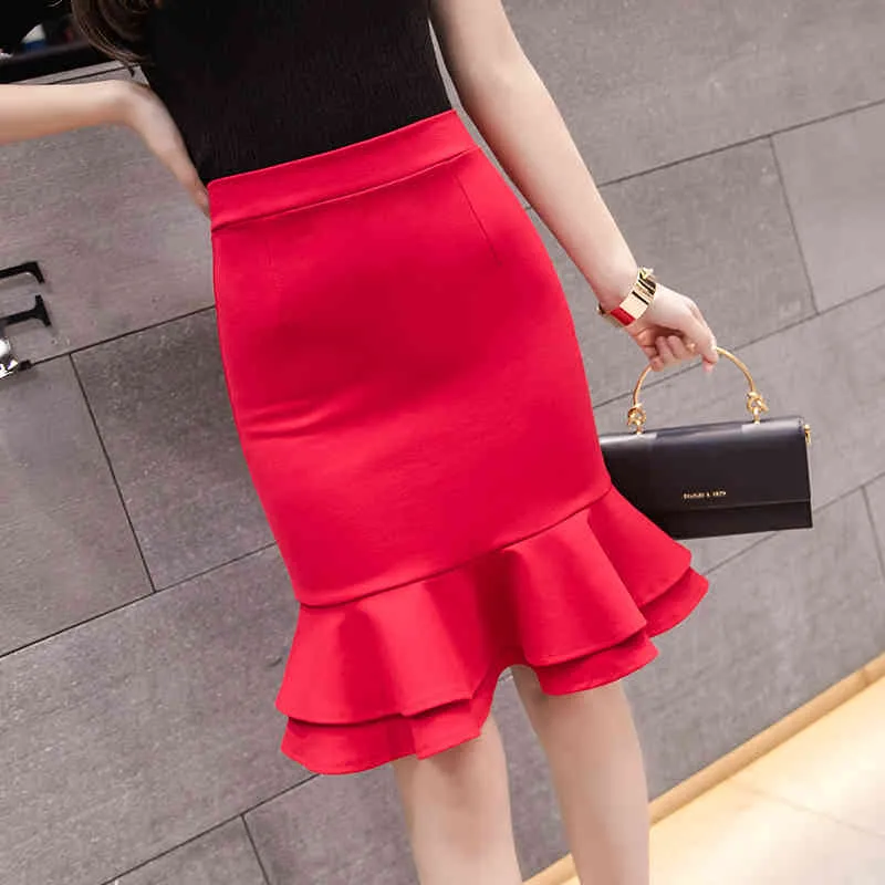 Limiguyue女性鉛筆スカートファッションエレガントなハイウエストダブルフリルブラックスカートオフィスレディースセクシープラスサイズレッドファルダK878 x0428