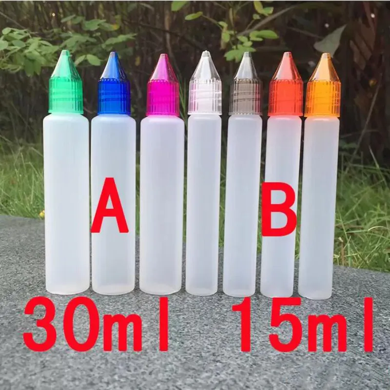 15ml 30ml PE e frasco líquido com tampas à prova de criança colorida Dicas finas longas Forma de caneta Grosso Garrafas de Vape de Óleo