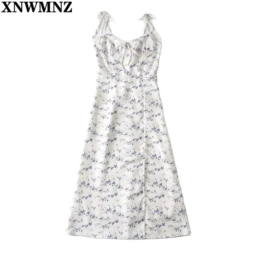 Elegant Adjust Spaghetti Straps Vestido Cute Purple Floral Print Women Midi Dress Vintage Elastic Bust Side Split 210520