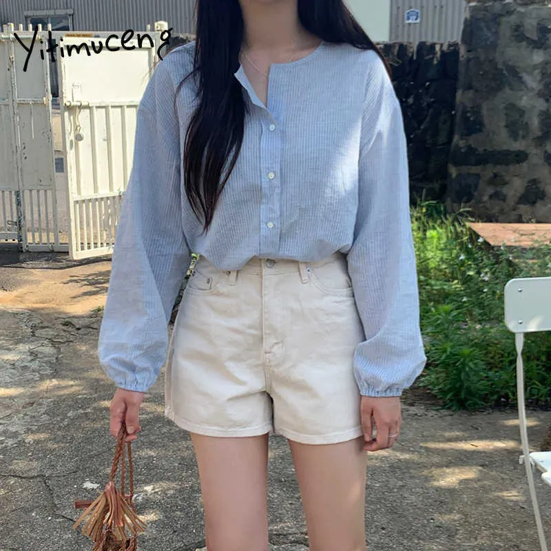 Yitimuceng Camisas a rayas Mujer Oversize Plus Tamaño Botón Up Tops Blusa de moda coreana Manga larga Azul Primavera Verano 210601
