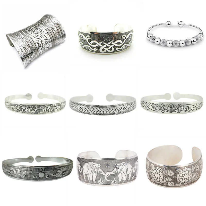 30styl Vintage Cyglasty Bransoletki Etniczne Stop Cynkowy Boho Biżuteria Antyczne Silver Color Carved Oświadczenie Szerokie Bransoletki do mankietów dla kobiet Q0719