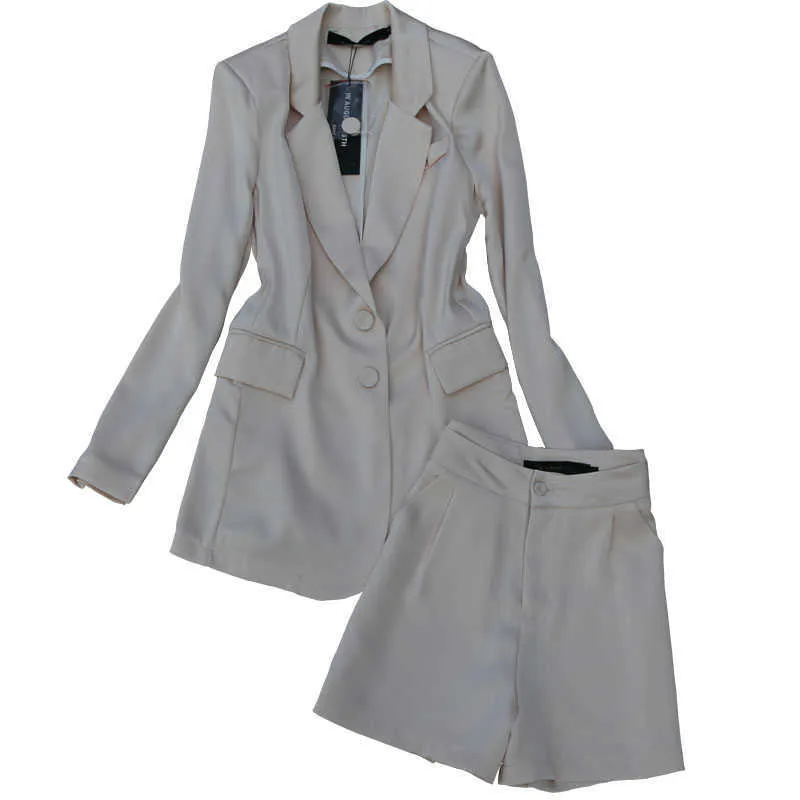 Yaz yüksek kaliteli ofis kadın takım elbise iki parçalı zarif uzun kollu bayanlar ceket ince şort iş kıyafetleri 210527