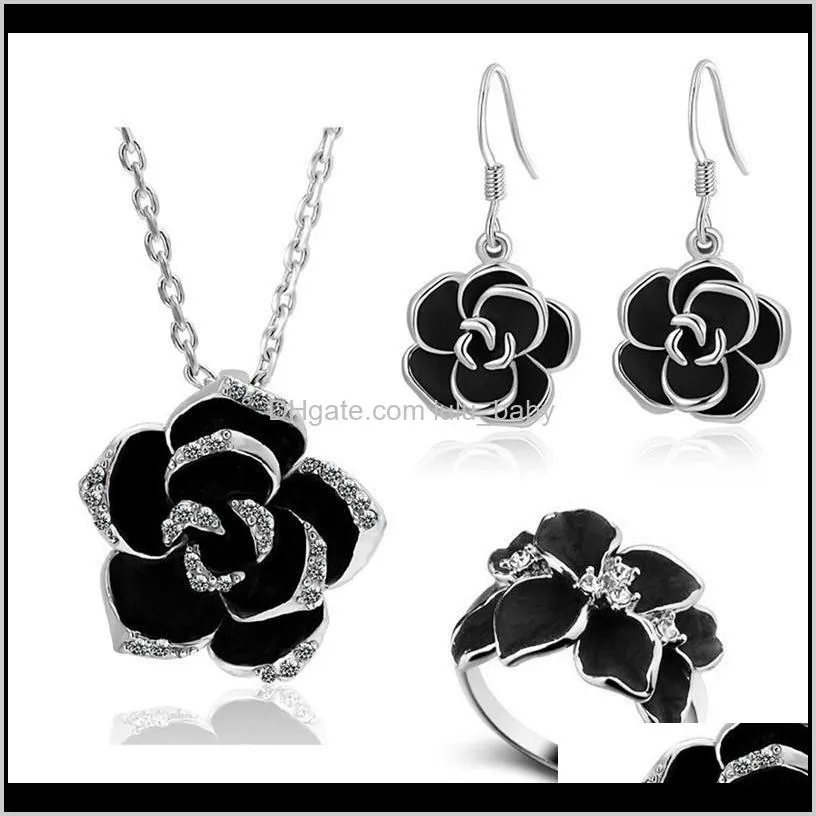  3 colors black rose camellia necklace earrings ring jewelry set women fashion accessories 3pcs/set christmas gifts