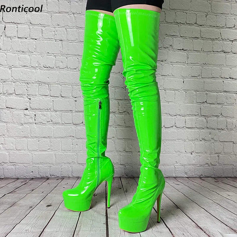 Rontic 2021 Kadınlar Kış Uyluk Çizmeler Seksi Stiletto Topuklu Yuvarlak Ayak Muhteşem Yeşil Pembe Kırmızı Cosplay Ayakkabı Bayanlar ABD Boyutu 5-20