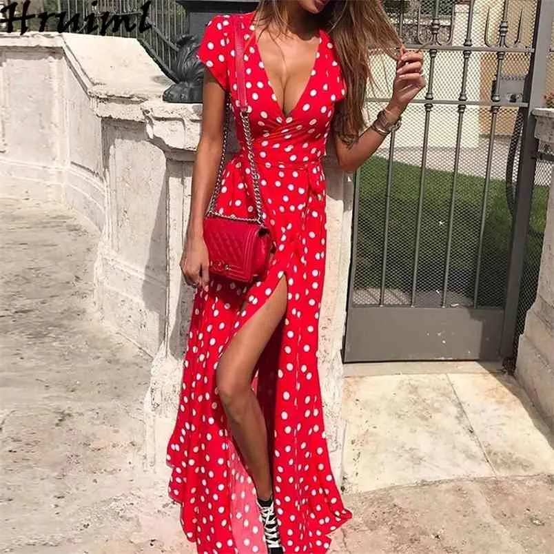 Abiti lunghi a pois per donna Estate manica corta scollo a V cintura a vita alta diviso abito lungo femminile taglie forti 5xl vestito estivo da spiaggia 210513