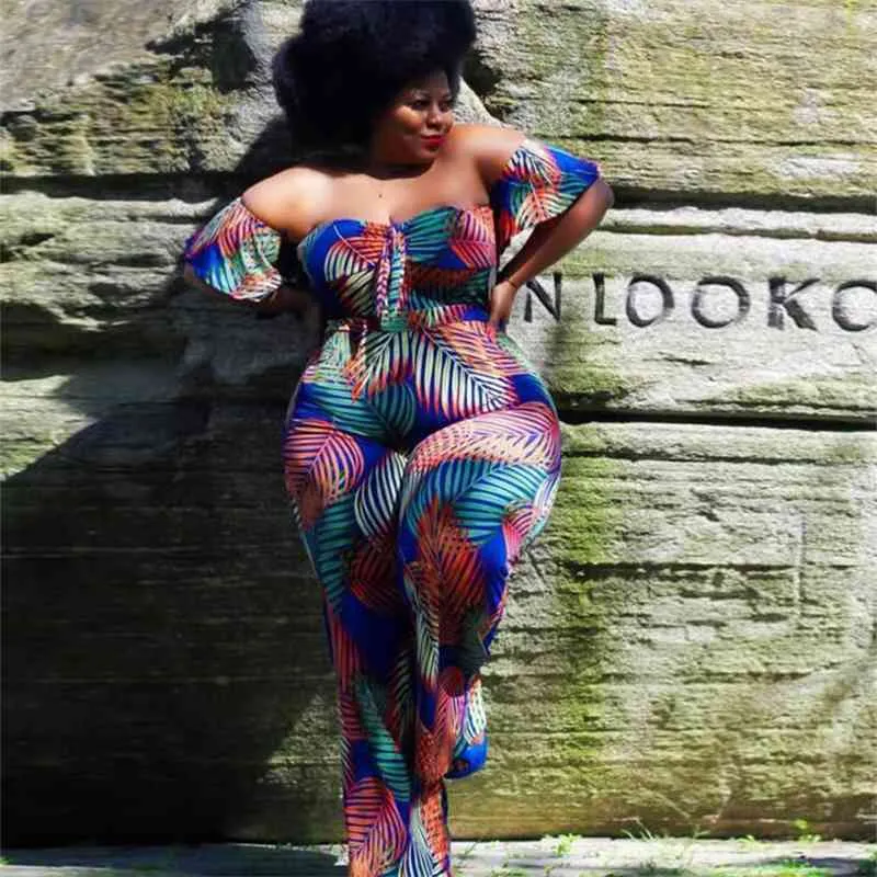 Sommar Jumpsuit Kvinnor Sexig Av Axel Bodysuit Afrikanska Kvinnor 4XL Plus Size Bodycon Jumpsuit Party Bodysuit 210422