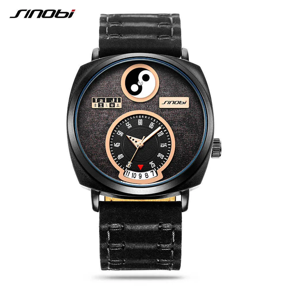 Sinobi Hommes Montres Créatives Bracelet En Cuir Véritable Unique Tai Chi Chinois Kung Fu Yin Yang Éléments Concept Montres Modernes 2020 Q0524