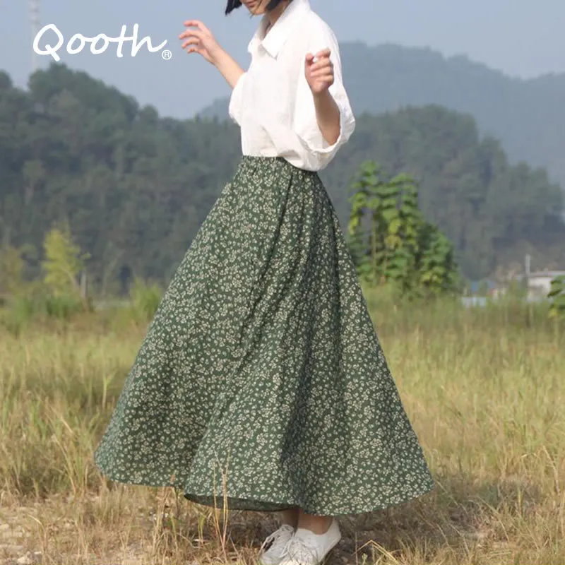 Qooth Estate Autunno Donna Stampa floreale A Line Vintage Gonne casual Gonna longuette Gonne in cotone e lino femminile Orlo grande QT085 210518